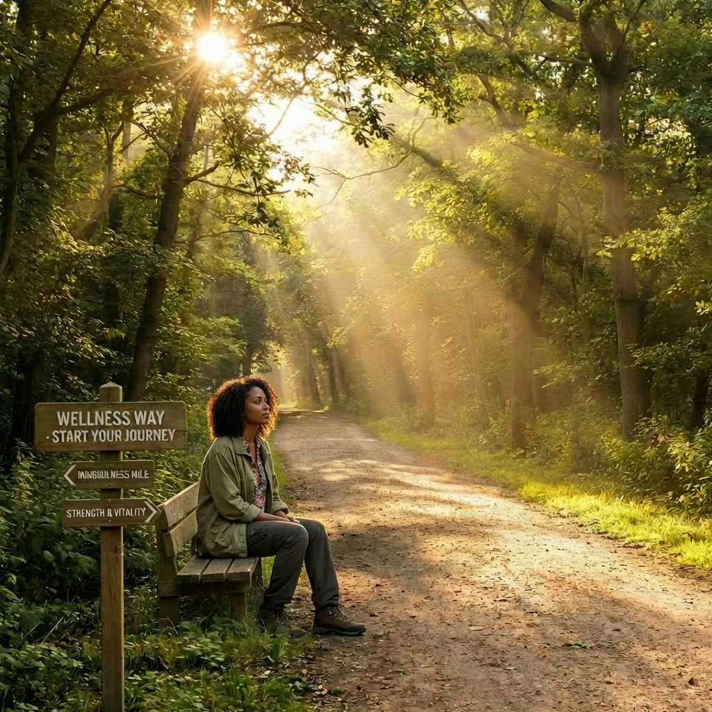 People exercising past Wellness Way - Start Your Journey, Mindfulness Mile, and Strength & Vitality signs.
