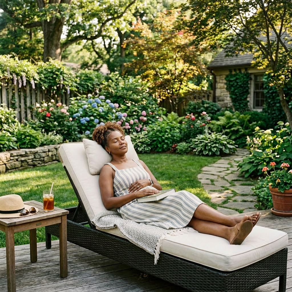 Woman reclining on cushioned lounge chair in garden with book and iced tea on table