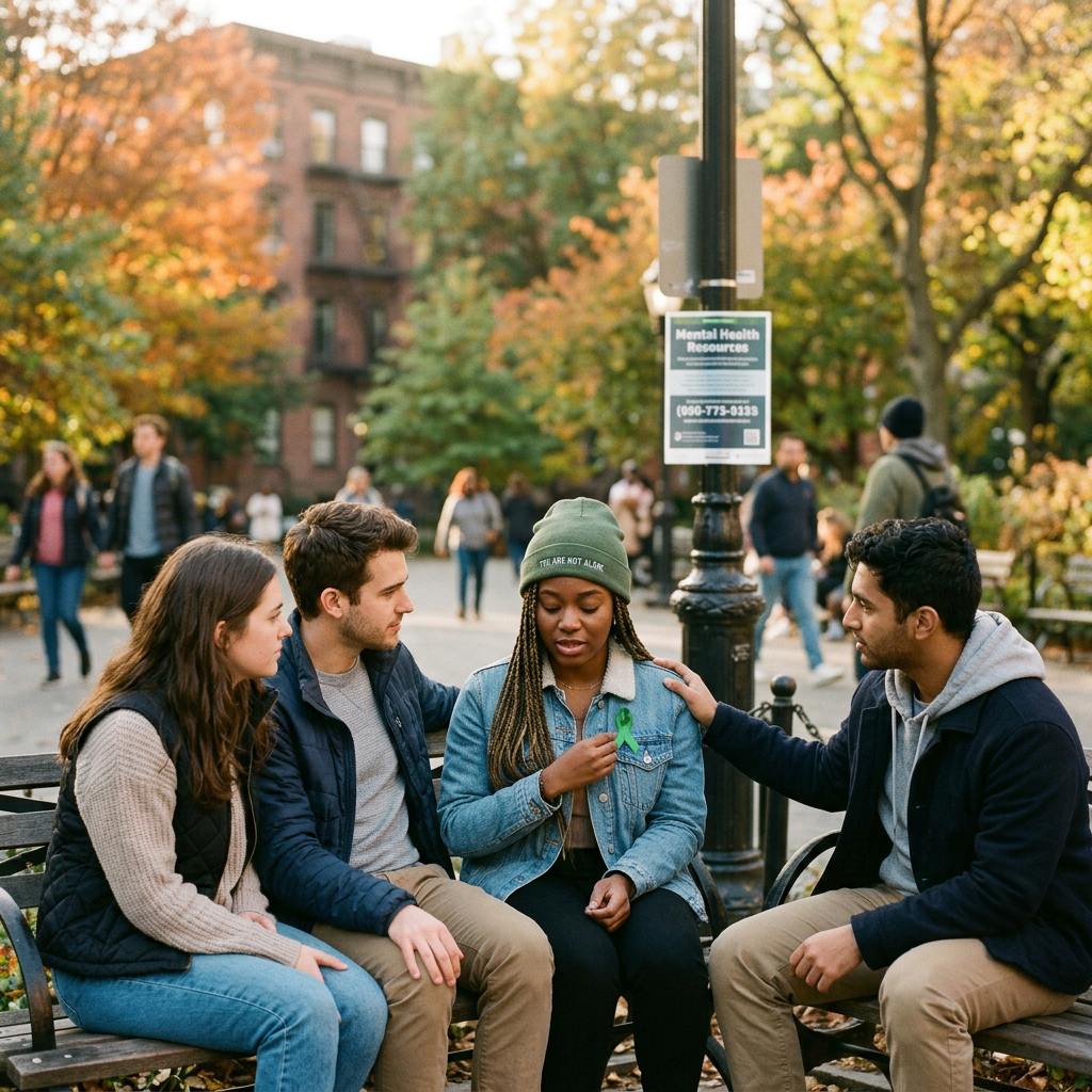 Four friends sitting on a park bench, one holding a green mental health awareness ribbon.