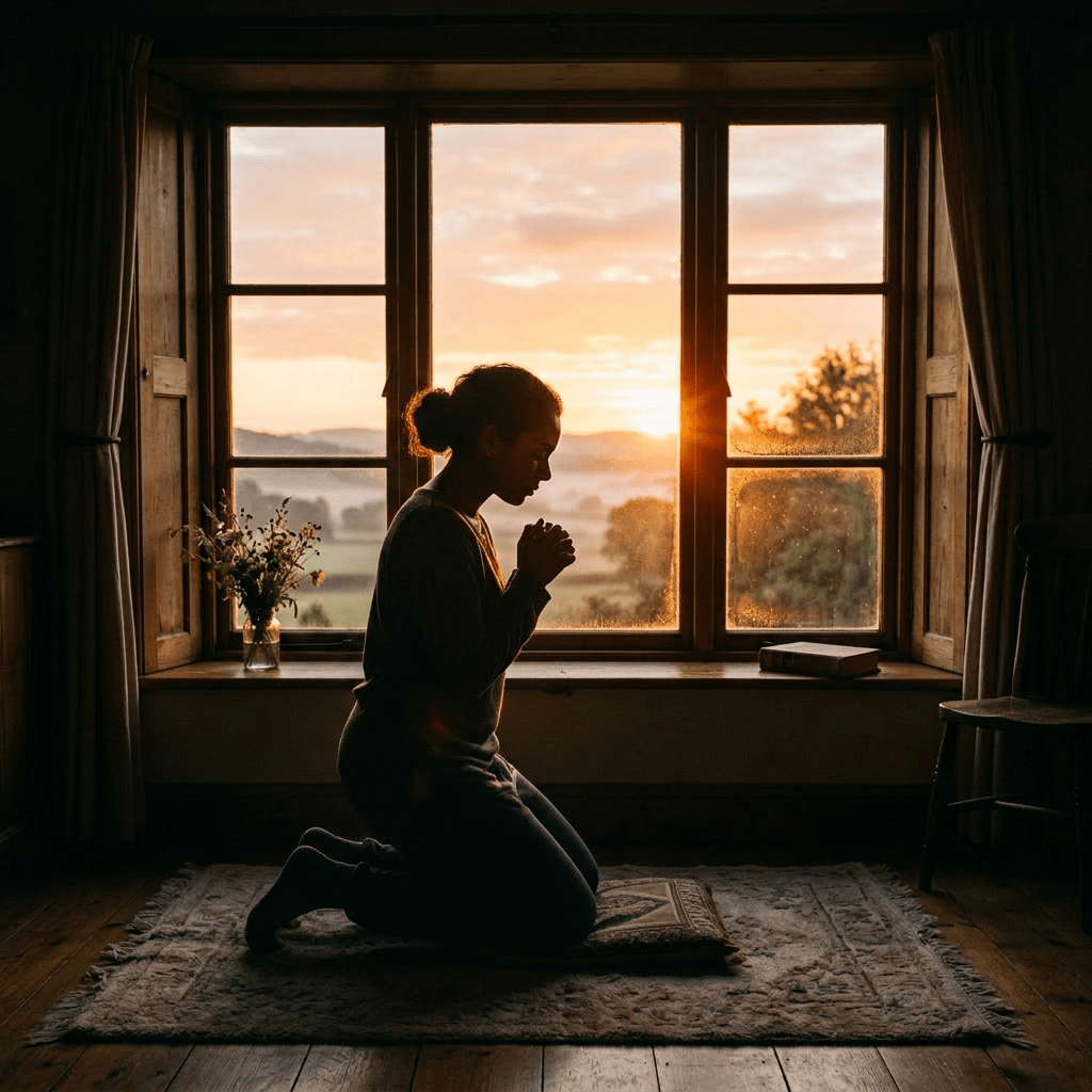 Silhouette of a man kneeling and praying in front of a window with sunset outside