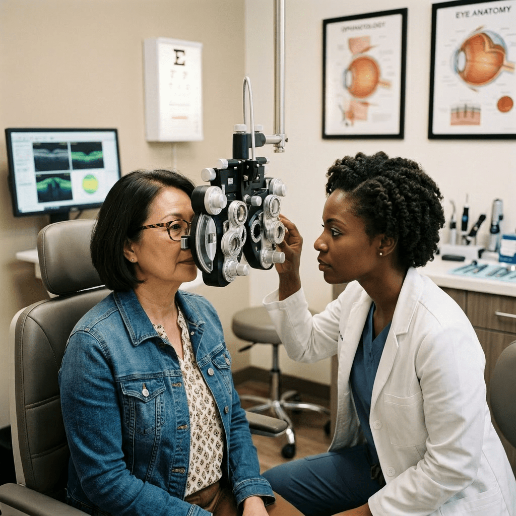 Optometrist adjusting phoropter while patient looks through it during eye exam