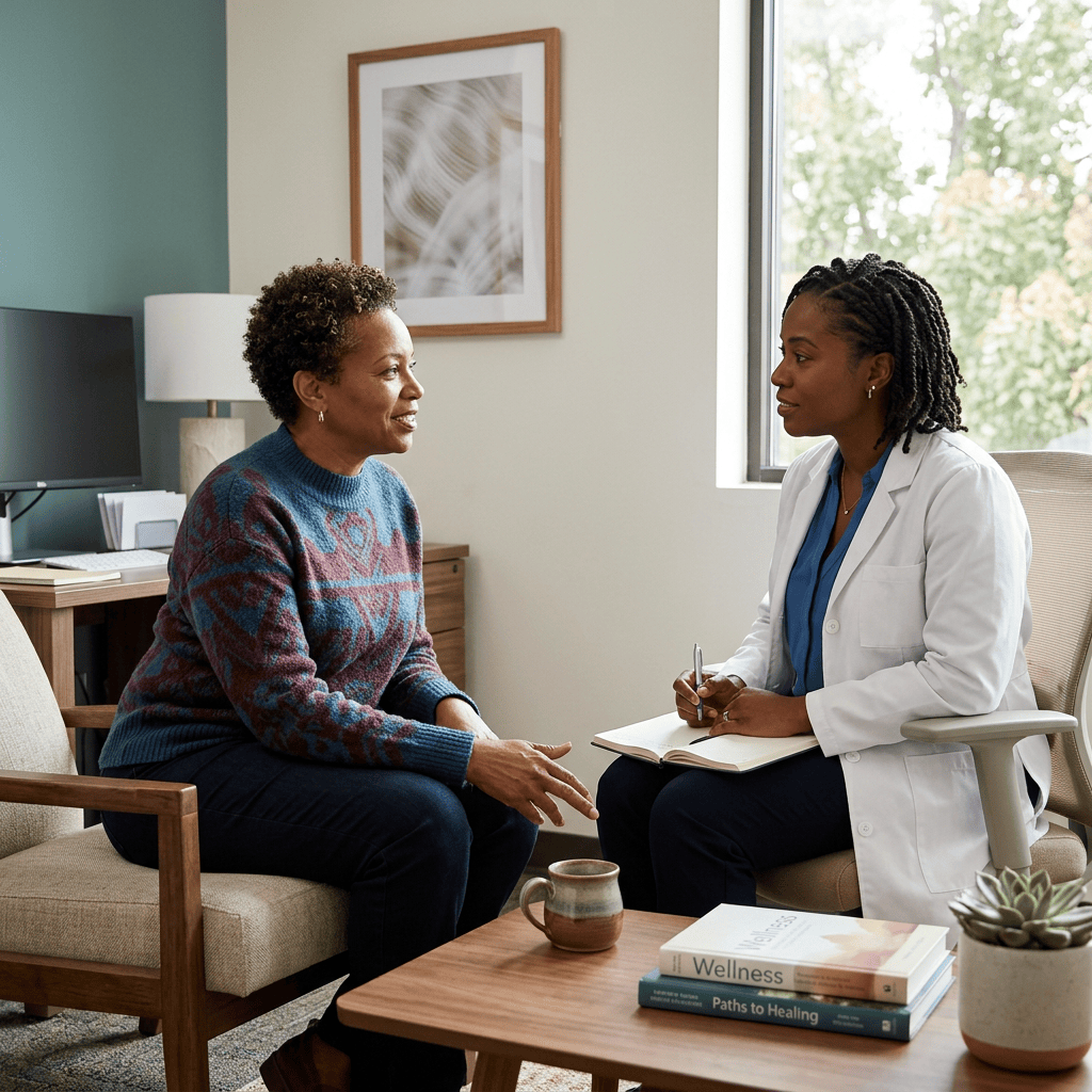 Healthcare professional taking notes while speaking with a seated patient