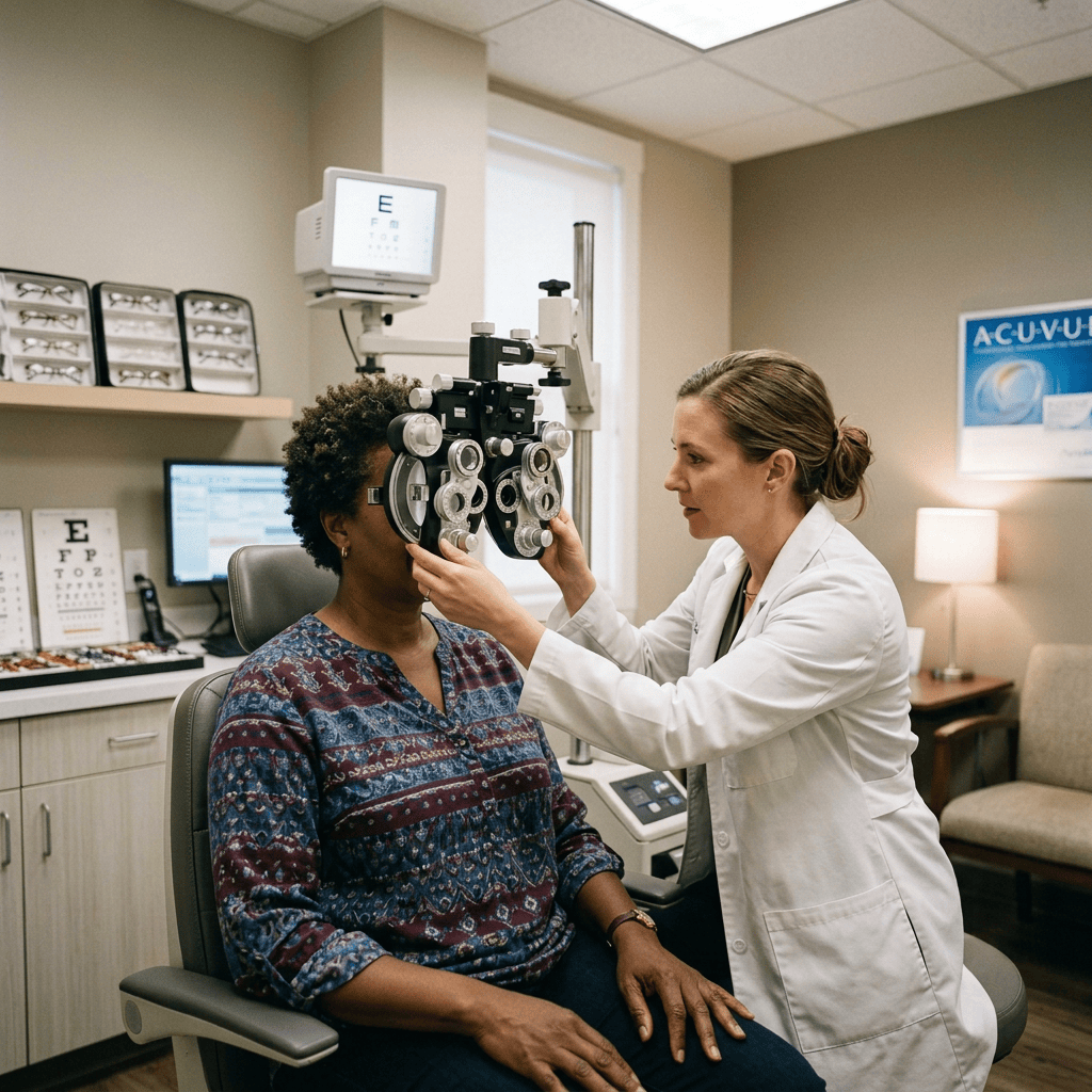 Eye-care professional examining patient with a phoropter in an optometry clinic