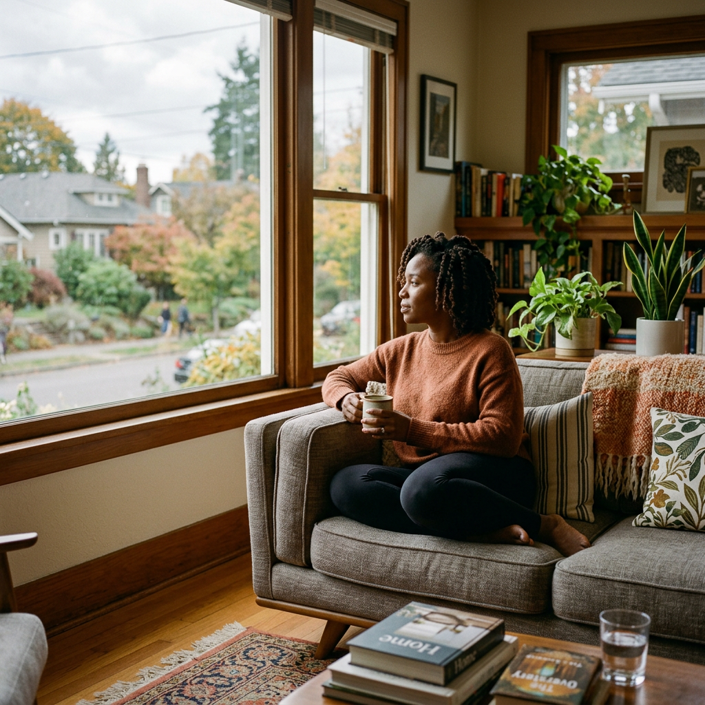 Woman drinking tea on a sofa beside a large window
